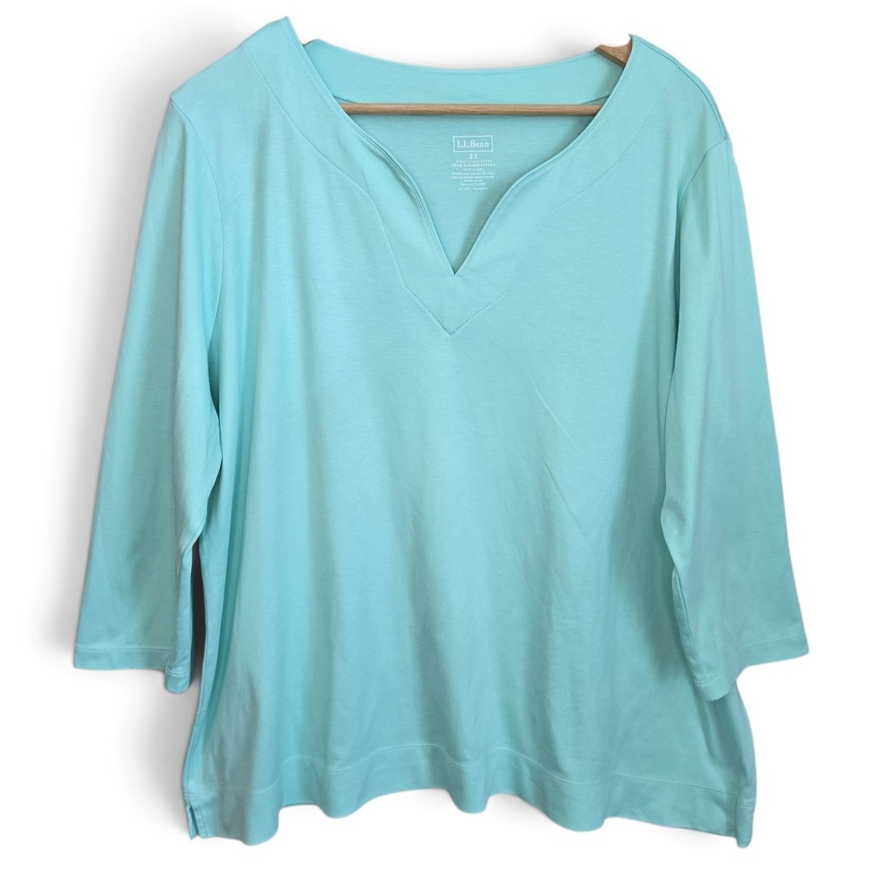 LL Bean Top Womens 2X Aqua Mint Green Supima Cotton 3/4 Sleeve Split Neck Tee
